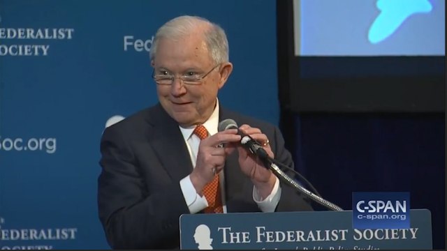 Jeff Sessions jokes about Russian contacts at Federalist Society event