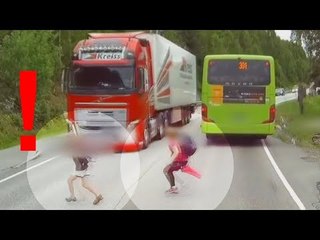 Truck vs kid - CLOSE CALL dash cam video !!