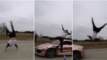 Jovem falha redondamente ao saltar sobre Audi R8 a alta velocidade... WTF!