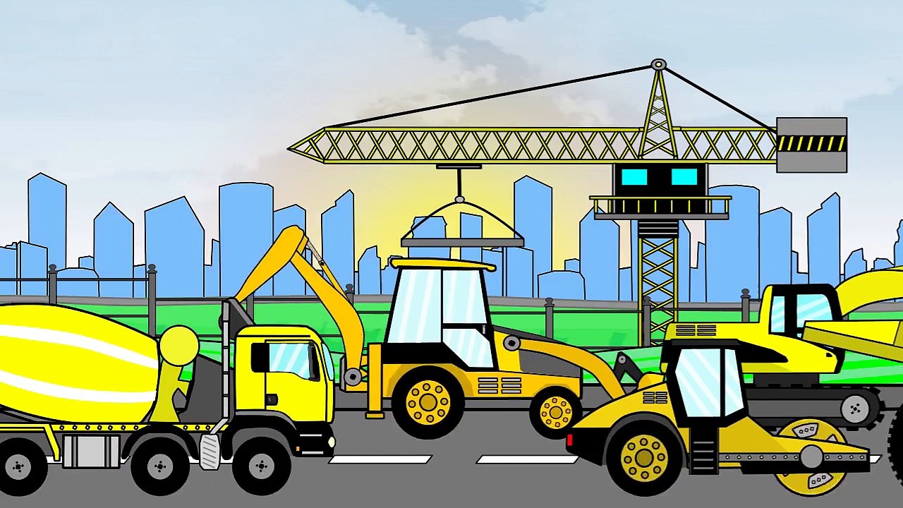 Koparka Betoniarka Ciężarówka Walec Żuraw Bajka Dla Dzieci