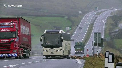 Overturned caravan on Cumbria's A66 after strong winds