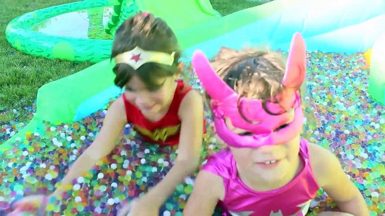 CRAZY ORBEEZ BATH!! Spiderman vs Batman & Wonder Woman - Real Life Superhero Kids Fight! Pool Fun | Funny Sport | Funny Football | Funny Tennis