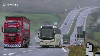 Overturned caravan on Cumbria's A66 after strong winds
