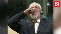 Shocking moment Bosnian Croat war criminal 'drinks poison' during court hearing