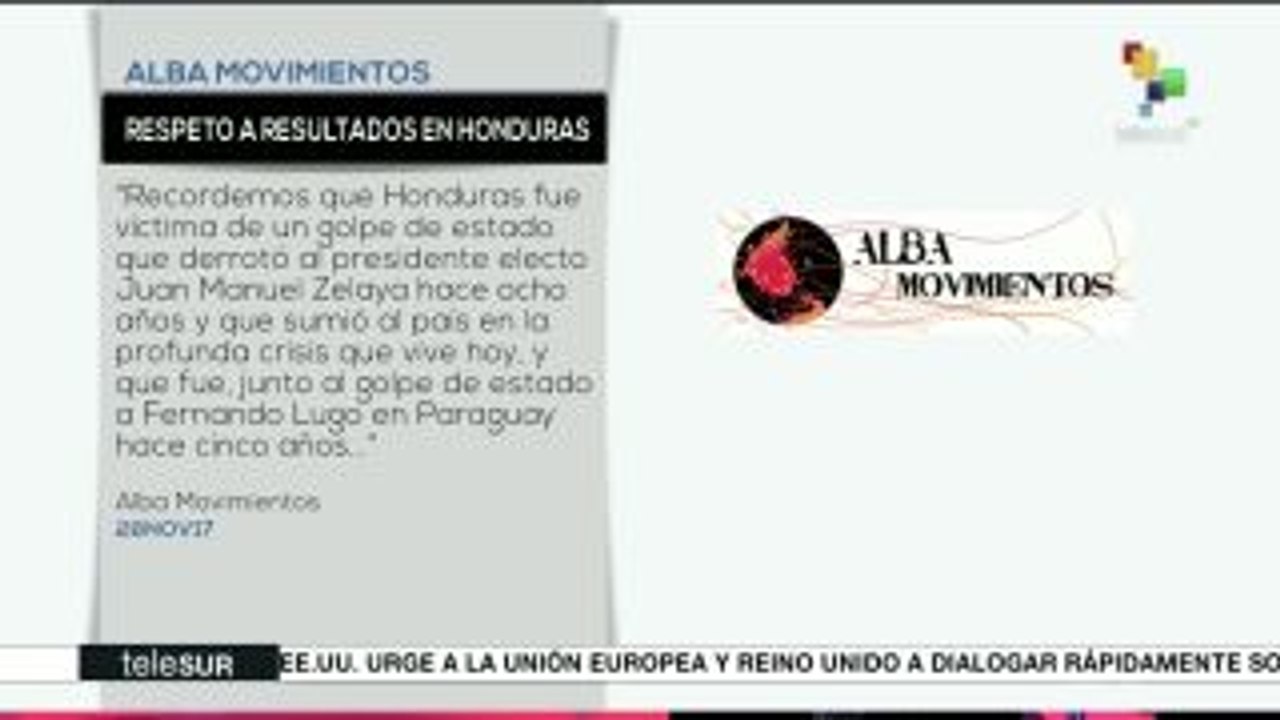 ALBA Movimientos exige respeto a resultados electorales en Honduras