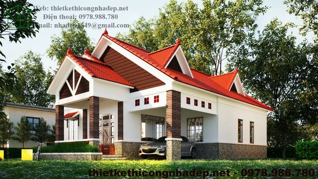 Thiết kế biệt thự nhà vườn 1 tầng mái thái hiện đại NDBT1T36