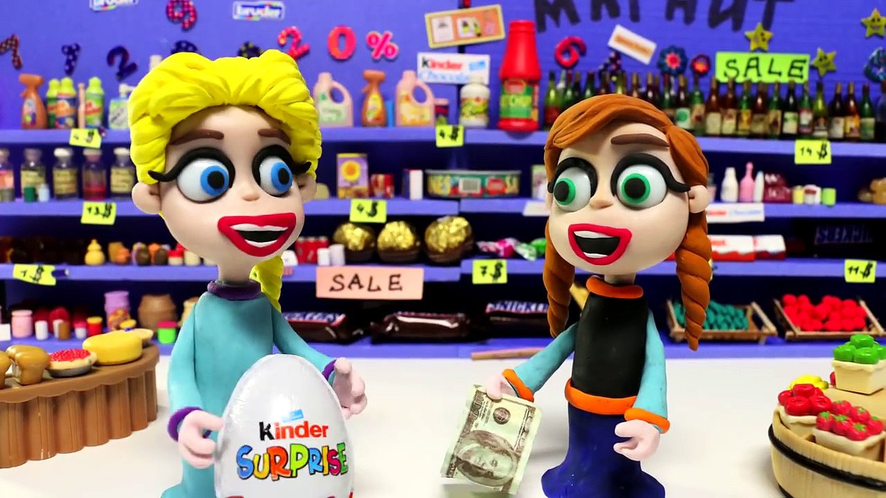 Elsa and Anna Frozen shopping at the Supermarket  Frozen Play Doh Cartoon Stop Motion-ePYw_7tId5Y