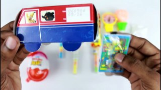 Kinder Joy and other toy candy opening with nursery rhyme wheels on the bus