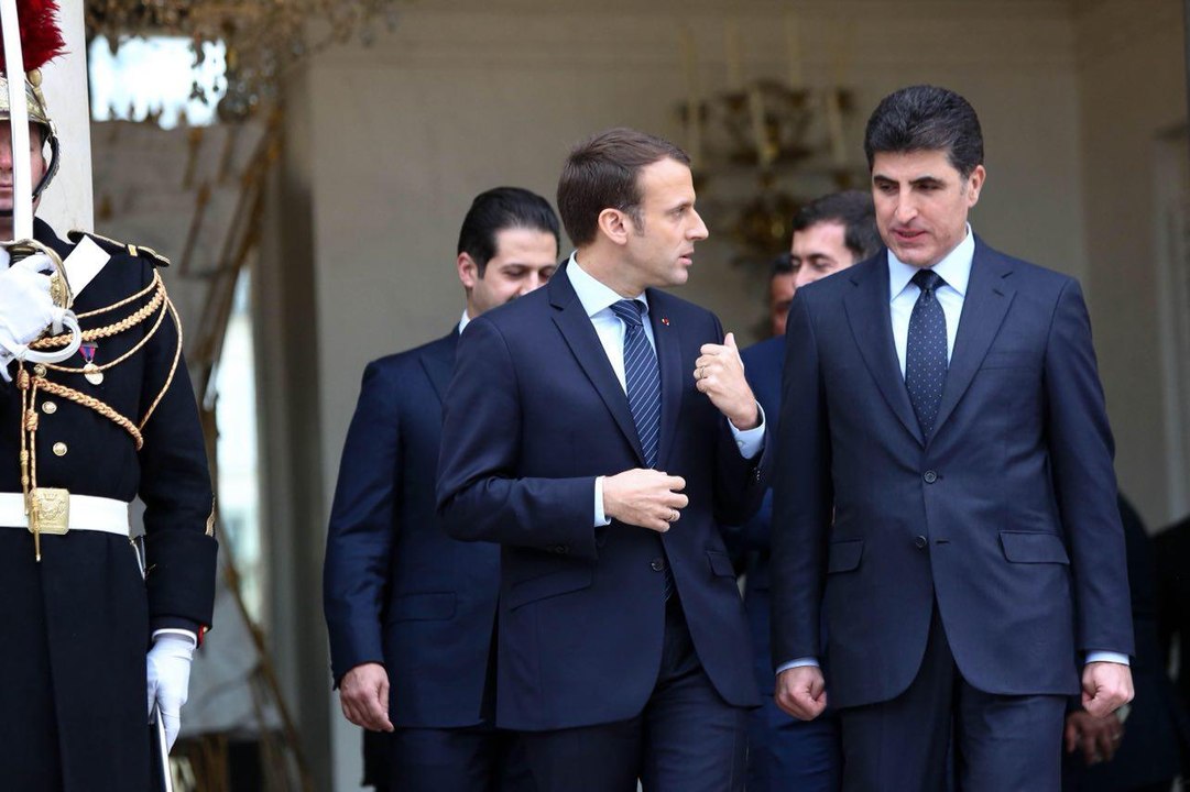 Déclaration à la presse du Président de la République, Emmanuel Macron, et de M. Nechivran Barzani et M. Qubad Talabani, Premier ministre et Vice-premier ministre du Gouvernement régional du Kurdistan.