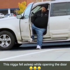 Big Dude Falls Asleep While Opening His Car Door