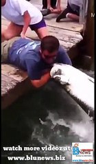 man catch fish with bear hands
