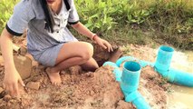 Smart Girl Using 2 Deep Holes Fishing Trap PVC Plastic Pipes Catch A lot of Fishes