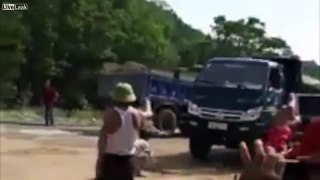 Speeding Dump Truck vs Construction Work Protesters