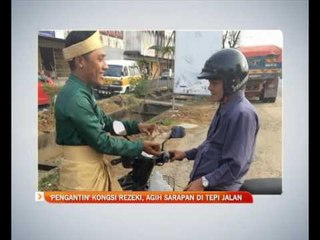 'Pengantin' kongsi rezeki, agih sarapan di tepi jalan