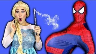 PREGNANT SPIDERMAN -! w_ Frozen Elsa Rapunzel Fairy Godmother Toys Fun Superhero Movie in real life