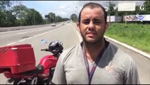 Motociclista tem pneu esvaziado ao passar por buraco na Reta do Aeroporto