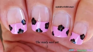 TOOTHPICK NAIL ART #24 _ Baby Pink FRENCH MANICURE With Black Flowers-3dyOmedlkJs