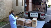 Comencen a descarregar del camió les obres del Museu de Lleida