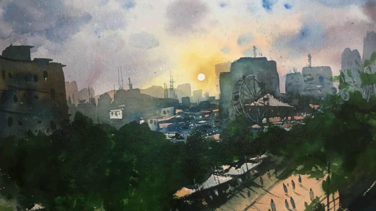 Watercolor Painting without drawing of a view from my window.