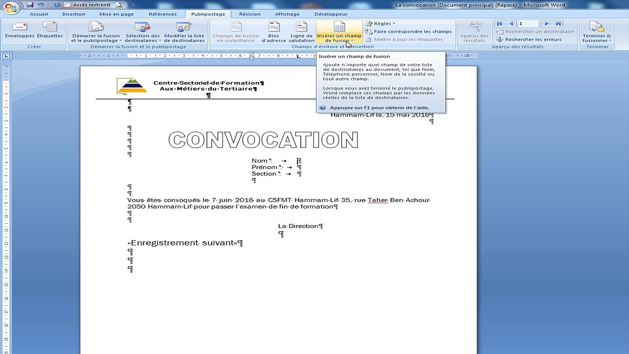 publipostage convocation