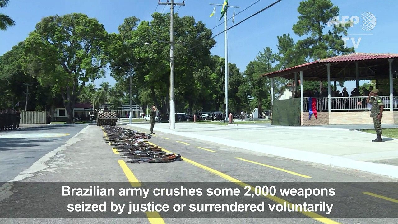 Brazilian army steamrolls 2000 seized firearms