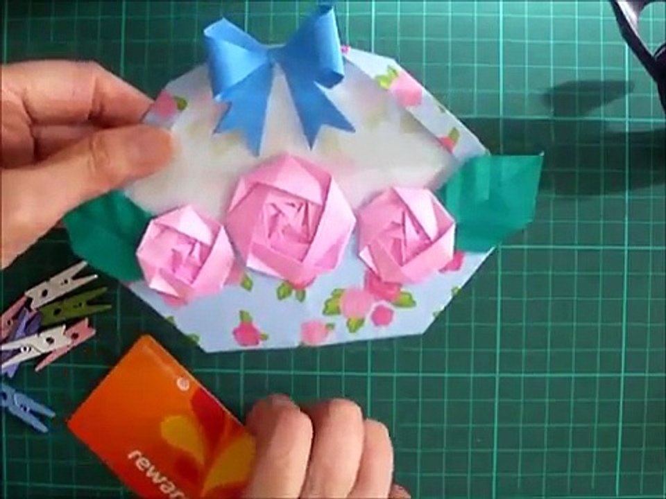 折り紙 バラの花のバスケット 簡単な折り方（niceno1）Origami Roses flower basket-QqJtJLakC5Q