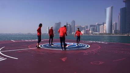 Neymar, Mbappe, Cavani and Silva play football on floating pitch in Doha