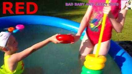 Bad kid Steals Stacking Ring Toy in Pool, Learn colors w