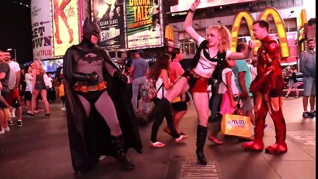 Marvel vs DC FLASH MOB in Times Square SPIDER-MAN, BATMAN, IRON MAN, HARLEY QUINN | Superheroes | Spiderman | Superman | Frozen Elsa | Joker