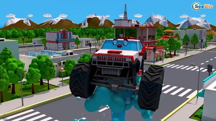 Red Fire Truck helps Racing Car in the City Emergency Vehicles Cars & Trucks New 3D Cartoon