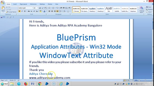 BluePrism-Application Attributes-Win32 Mode - BPAAW321002- WindowText -Aditya RPA Academy