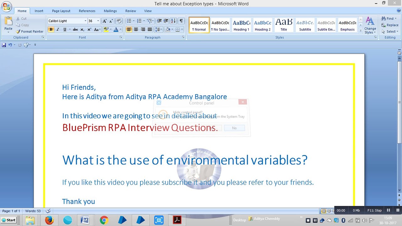 BluePrism Interview Questions Environment Variables BPIQ4009- Aditya RPA Academy Bangalore