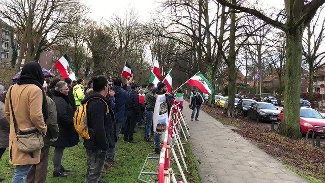 Protesters With Iranian Flags Gather Outside Consulate in Hamburg