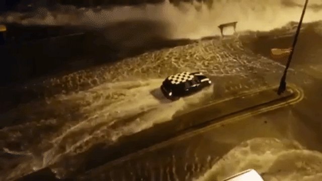 Waves Slam Mini Cooper as Storm Eleanor Hits Galway