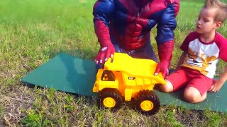 Spiderman and a huge quarry dump truck. Will a heavy weight crush the toy. Supe
