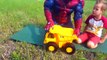 Spiderman and a huge quarry dump truck. Will a heavy weight crush the toy. Superhero Real