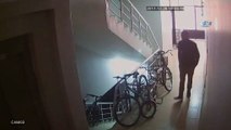 Merdiven boşluğundan bisiklet çalan hırsız güvenlik kamerasında