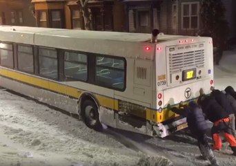 East Boston Residents Push MBTA Bus Stuck in Snow