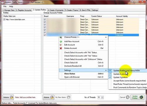 vBulletraffic Step 3: Configure registered accounts profiles, and update registered accounts