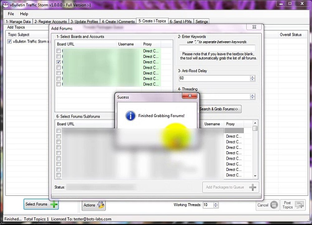 vBulletraffic Step 5: Add topics, select forums, generate packages and create topics on forums