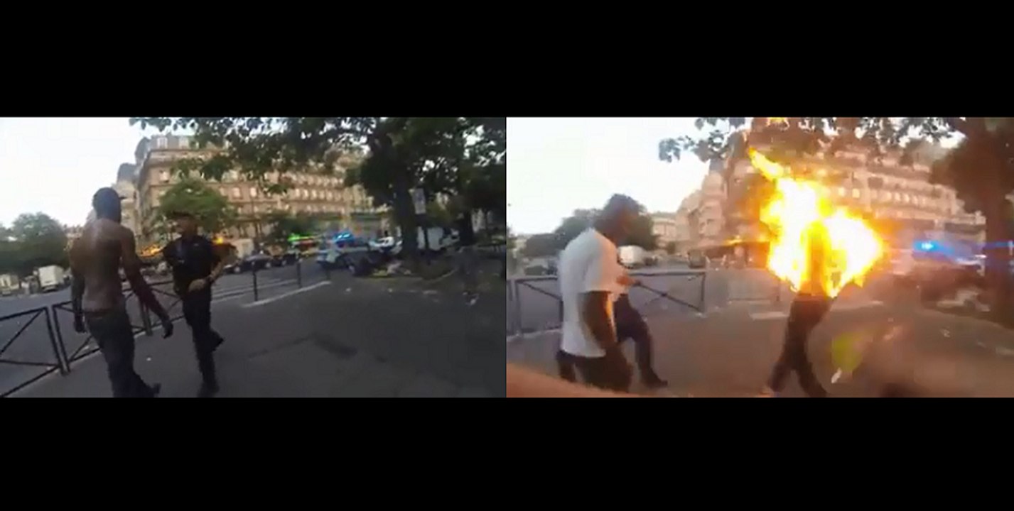 Des policiers tente d'interpeller un homme couvert de sang.