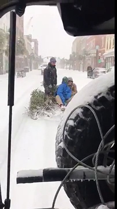 Tirés par une voiture... sur un sapin en pleines rues enneigées !