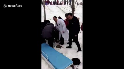 Woman knocks down tree in hilarious snow sledding fail