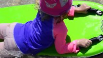 Elsa and Anna Toddlers Beach Trip Playing w/ friends Ocean Rafting Sandcastles Swimming with Dolls