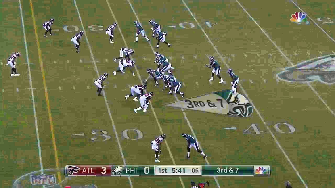 Atlanta Falcons collapse the pocket around Philadelphia Eagles quarterback Nick Foles for big third-down sack