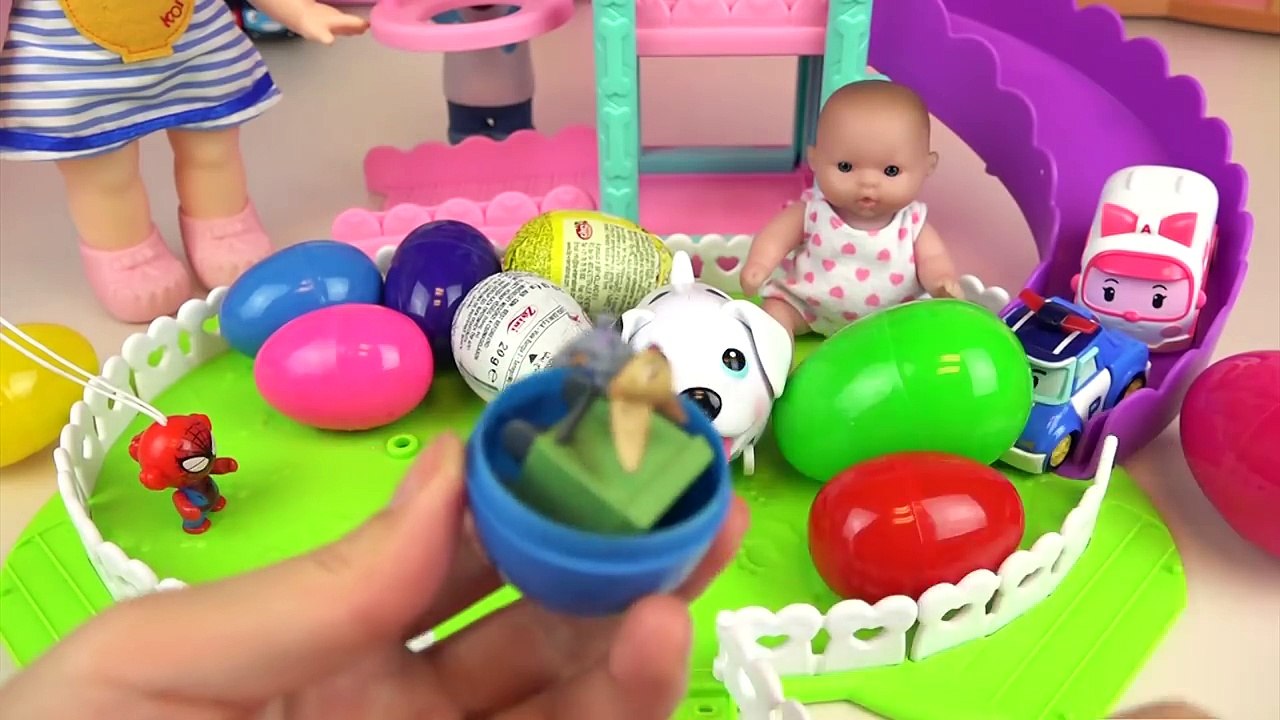 Puppy and baby doll Surprise eggs and Kinder joy toys play park