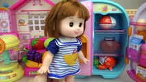 Baby doll and fruit mixer Surprise eggs in refrigerator toys play