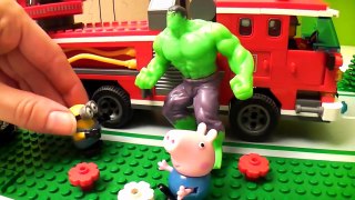 Peppa Pig and Minions Rescue by Hulk Police car and FireTruck / Peppa Pig Superhero Real Life Lego