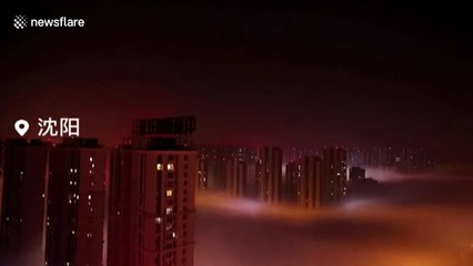 下载视频: City above the clouds: Time-lapse shows dense fog in China's Shenyang