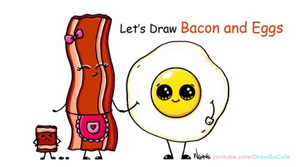 How to Draw Cartoon Bacon and Eggs Breakfast Cute and Easy